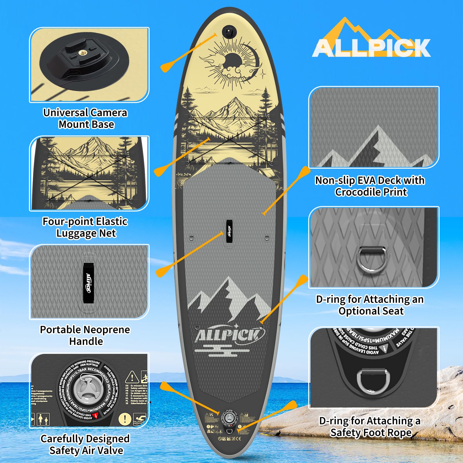 ALLPICK Sup Gonfiabile, Stand Up Paddle Board Gonfiabile, Con Supporto Universale per Fotocamera, Accessori Completi, Tavola da Sup Surf, Principianti e Avanzati, 150kg/180kg
