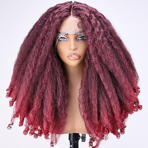 SOKU Peluca sintética con encaje frontal de 20 pulgadas, color rojo burdeos, afro, afro, con extremos rizados, previamente despuntada, encaje