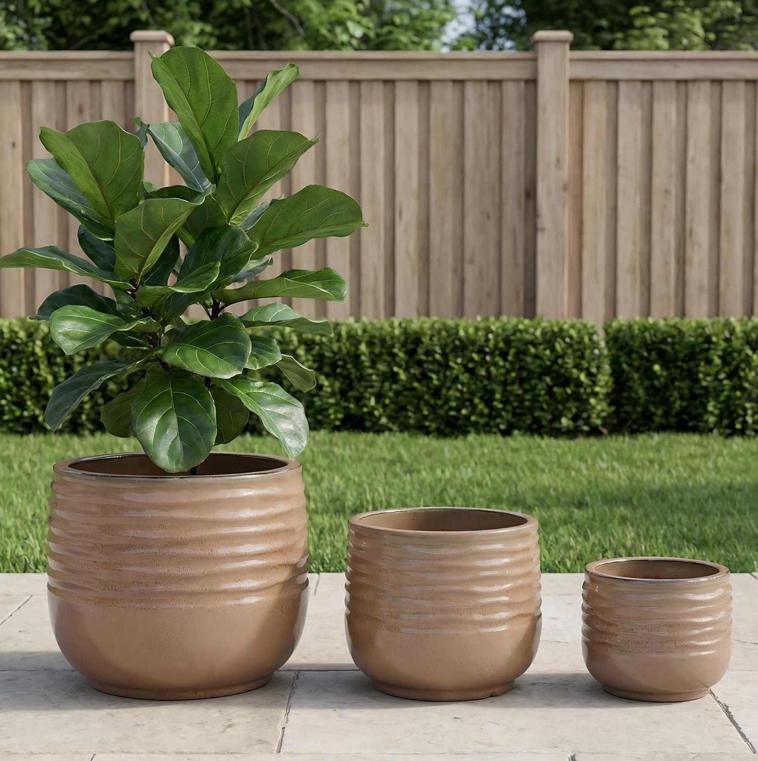 Glazed Fluted Ceramic Planters Set of 3 for Indoor Outdoor Plants, 15/11/8 Inch Large Flower Pots with Drainage, Horizontal Ribbed Texture Distressed Ceramic Planters for Garden Brownish-Beige