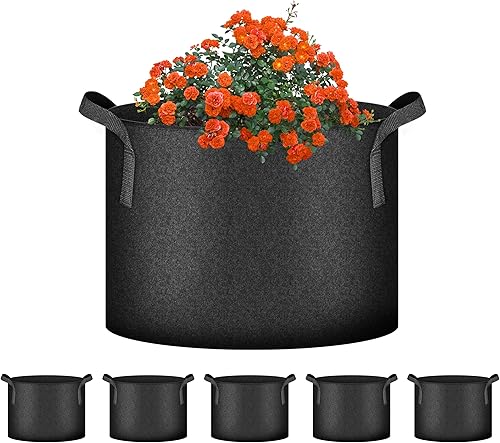 iPower Paquete de 5 bolsas de cultivo gruesas de 5 galones, macetas de tela no tejida, contenedor de aireación con asas de correa para jardín y