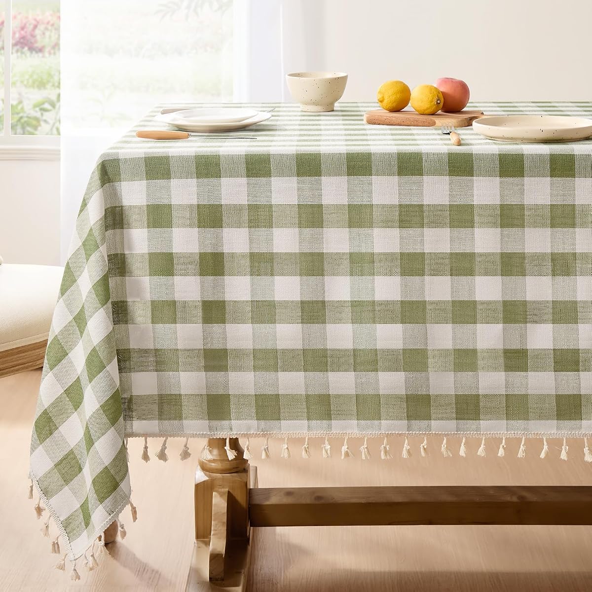 Softalker Gingham Rectangle Tablecloth with Tassel, Sage Green, 55" x 84" | Outdoor Waterproof Linen Cotton Checkered Table Cloth, Heavy Duty Wrinkle Free Plaid Table Cover for Kitchen Dining Picnic