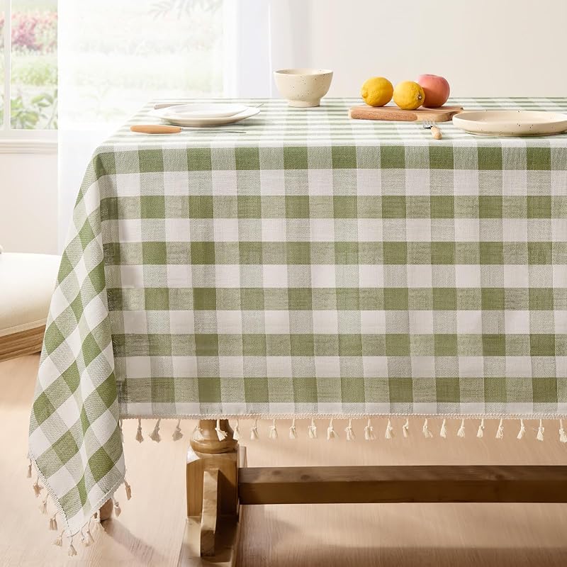 Softalker Gingham Rectangle Tablecloth with Tassel, Sage Green, 55" x 84" | Outdoor Waterproof Linen Cotton Checkered Table Cloth, Heavy Duty Wrinkle Free Plaid Table Cover for Kitchen Dining Picnic
