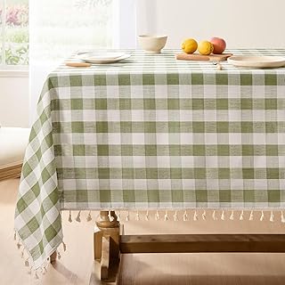 Softalker Gingham Rectangle Tablecloth with Tassel, Sage Green, 55" x 84" | Outdoor Waterproof Linen Cotton Checkered Table Cloth, Heavy Duty Wrinkle Free Plaid Table Cover for Kitchen Dining Picnic