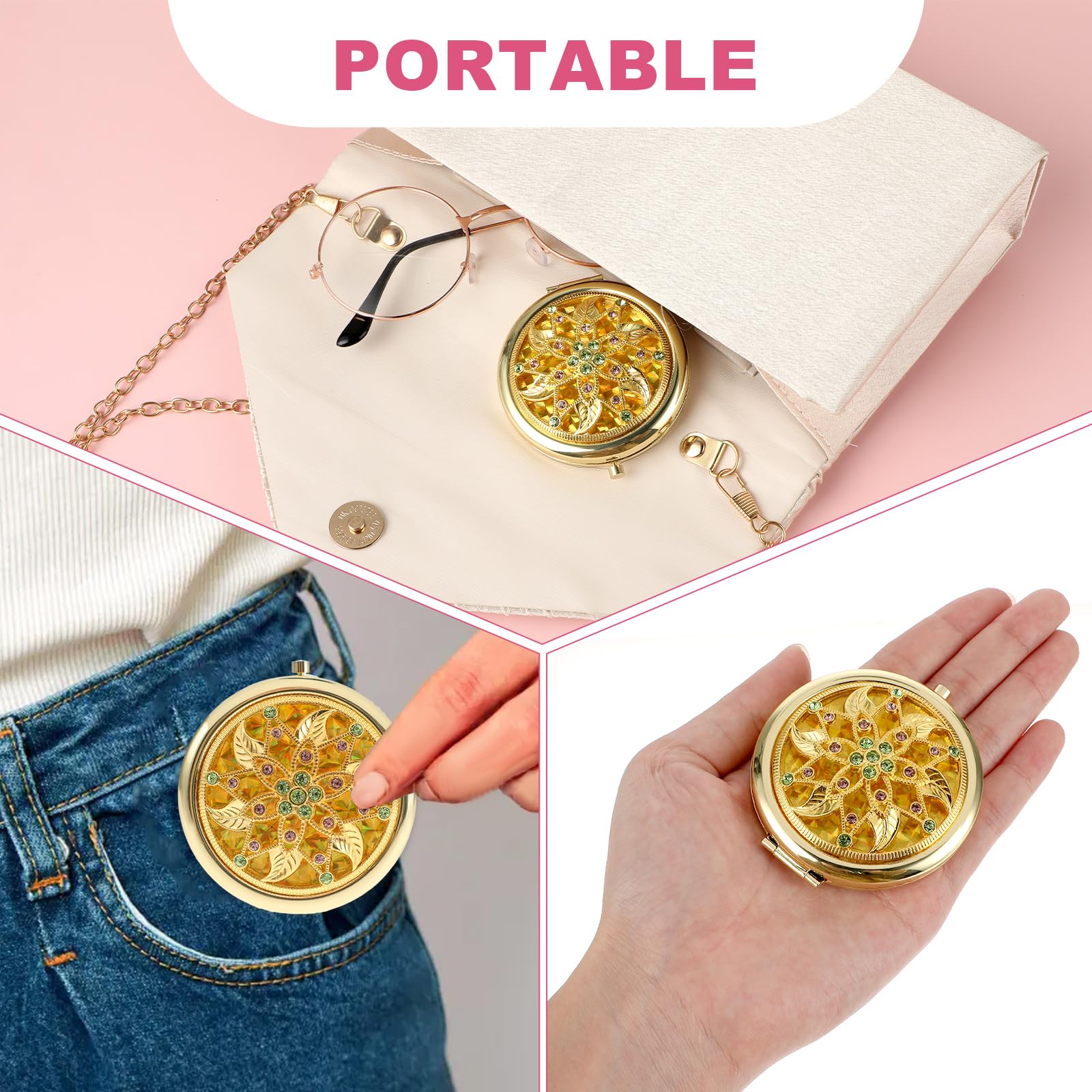 Sibba Espejo Cosmético Compacto Plegable de Mano 1X/2X con Aumento Redondo Mini Espejo de Bolsillo Estilo Palacio Espejo de Aspecto de Diamante Pequeño Reflector Portátil para Embellecer
