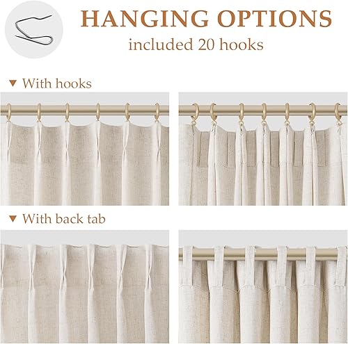 Miniatura 3 de Aersas Natural Pinch Pleated Linen Curtains 84 Inch Length 2 Panels for Living Room Bedroom Cream Semi Sheer Window Curtain Boho Neutral Back Tab