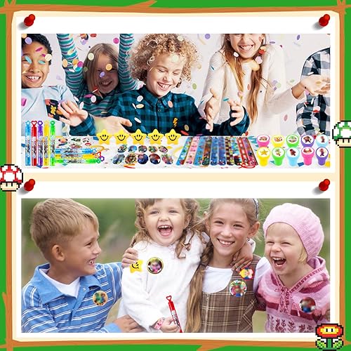 Miniatura 6 de Suministros de recuerdos de fiesta de dibujos animados para niños, juego de decoración de cumpleaños de súper juego, llaveros, burbujas, sellos,