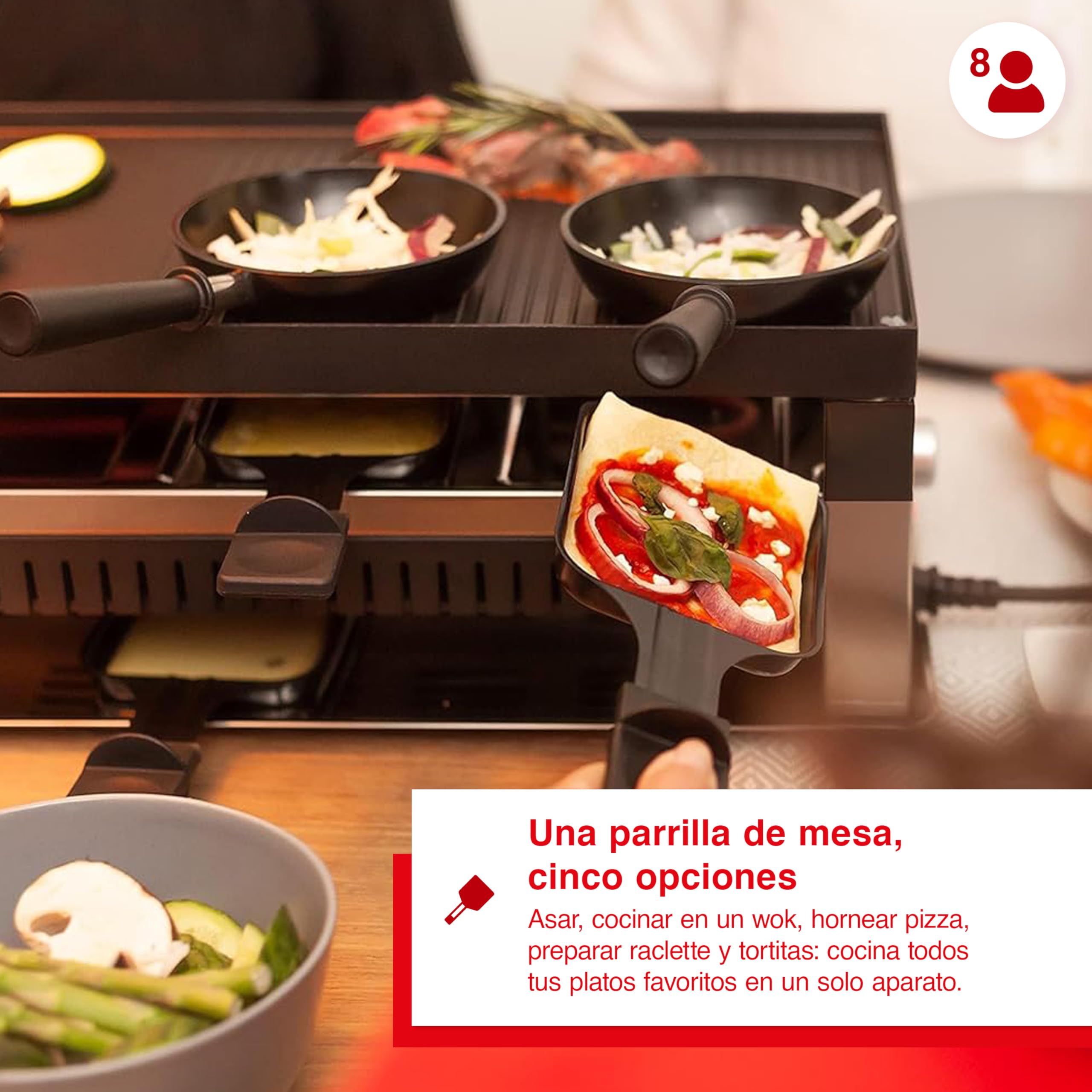 Solis 5 in 1 Table Grill 791 Parrilla Electrica de Mesa - Plancha Electrica para Cocinar - 1400W - Apto para Barbacoa - Raclette - Wok - Crêpes - Pizza - Hasta 8 Personas - Plata/Negro