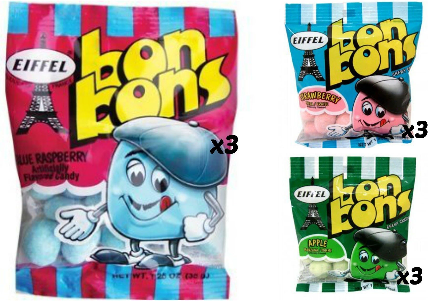 EIFFELBon Bons 1.25oz 9 Bag Variety Pack - Strawberry, Blue Raspberry, & Apple