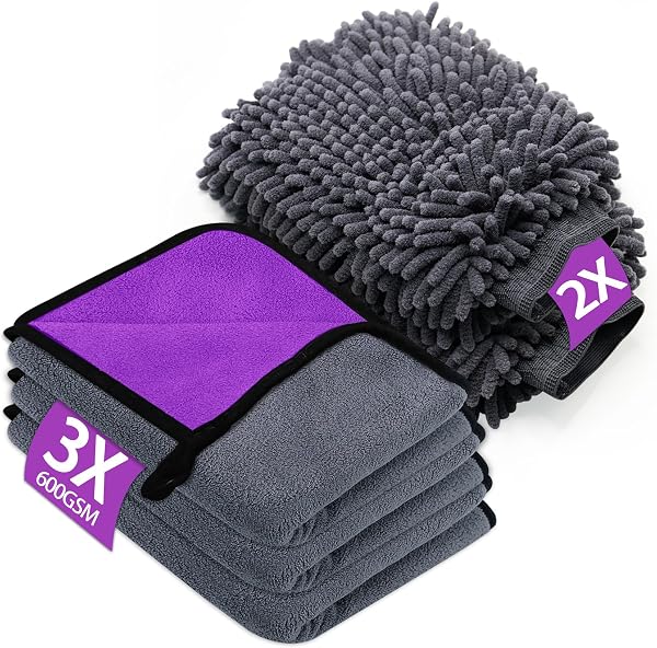KALBIGRO Kit Pulizia Auto con 3 Pezzi Panno Microfibra Auto e 2 Pezzi Guanto Lavaggio Auto, 600 GSM Panno in Microfibra per Auto Super Assorbenti, Senza Graffi per Cura Auto Moto (40 x 30 cm) - 1