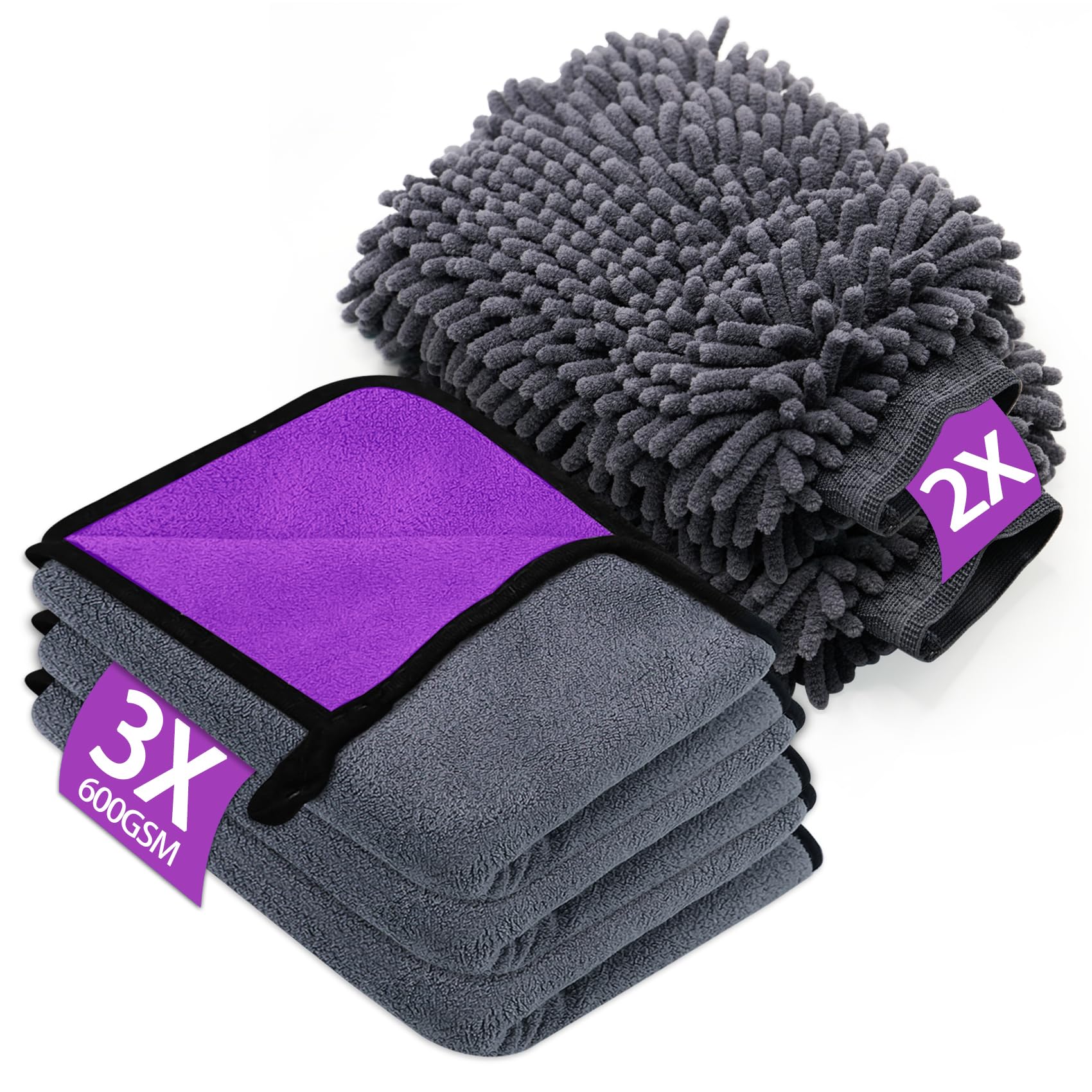 KALBIGRO Kit Pulizia Auto con 3 Pezzi Panno Microfibra Auto e 2 Pezzi Guanto Lavaggio Auto, 600 GSM Panno in Microfibra per Auto Super Assorbenti, Senza Graffi per Cura Auto Moto (40 x 30 cm) - 2