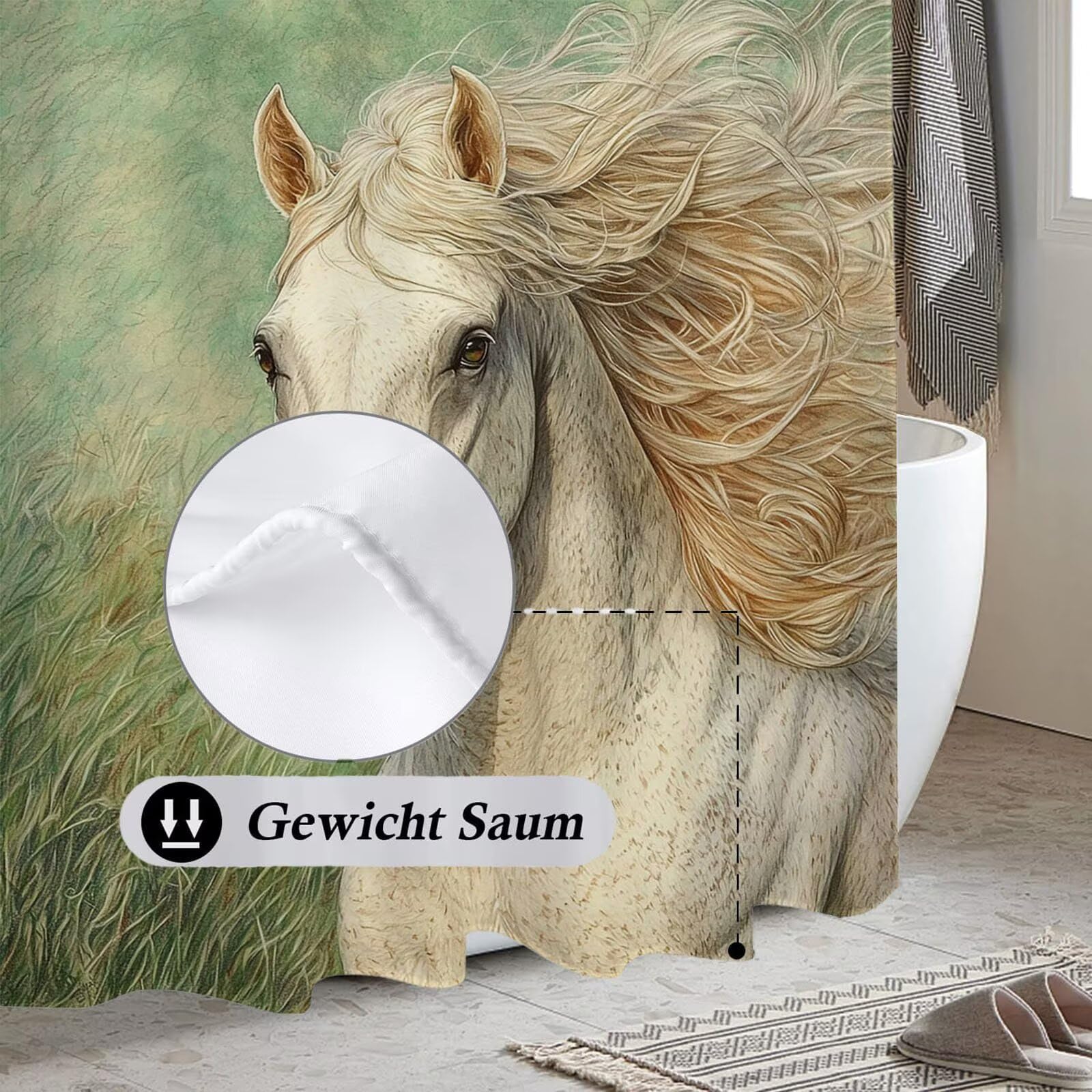 Rideau de Douche cheval blanc 180 x 240 cm Polyester Anti Moisissure Lavable Imperméable Tissu Rideaux de Douche avec 12 Crochets Baignoire pour Salle de Bain Domicile Cabine de Douches, Hôtel n-19