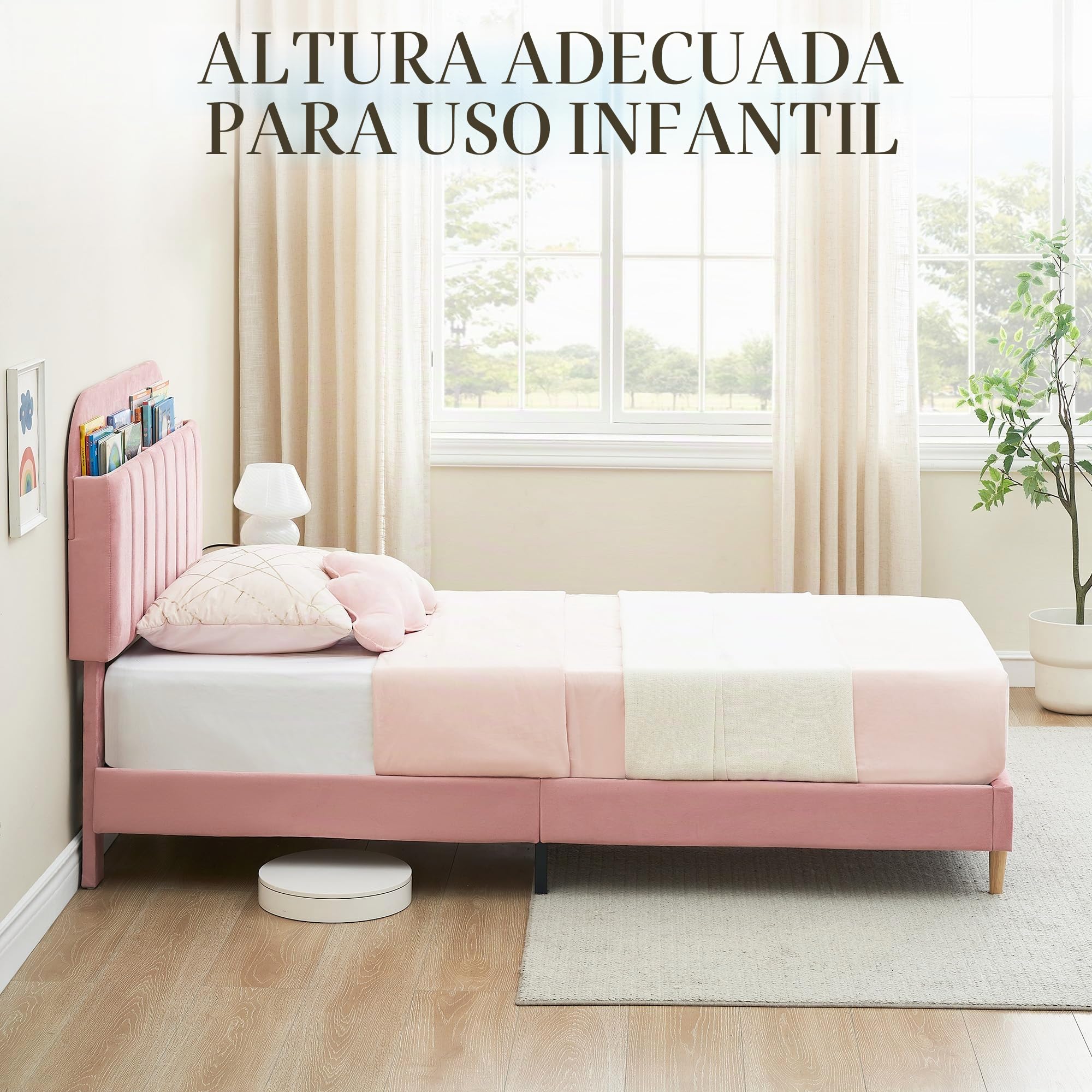 Cama Infantil de 90 x 190 cm, Somier de Madera con Almacenamiento, Cama de Suelo con Varias Patas, Cabecero Acolchado, Cama de Asiento Montessori para Habitación Infantil, Niño/Niña, Rosa