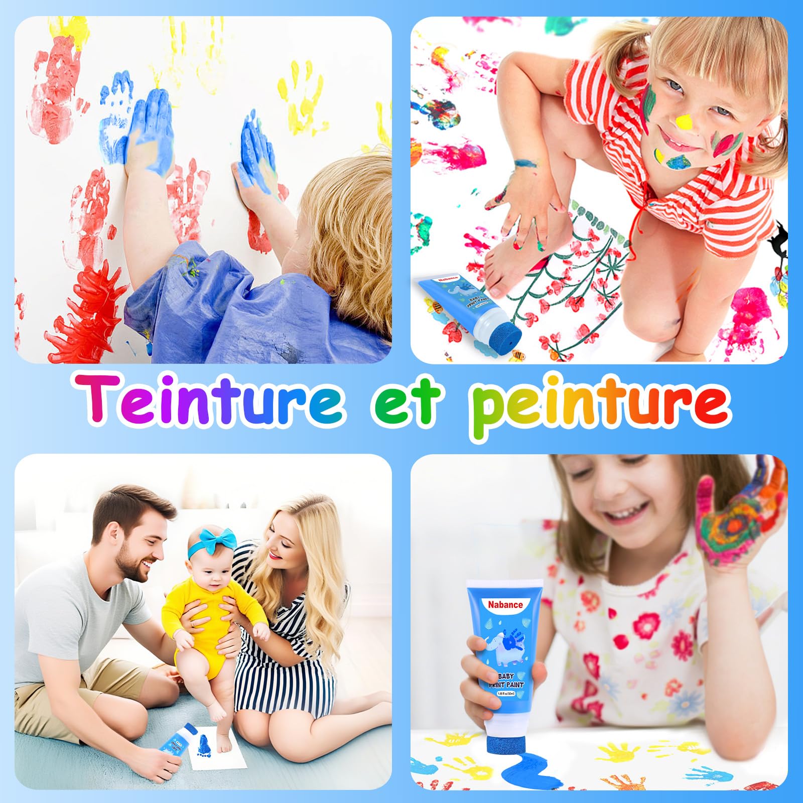 Nabance Kit Empreinte Bebe Avec Attachement Éponge, Encre pour Empreinte Bebe Non Toxique et Lavable, Cadeau Naissance, Souvenir Bébé à Créer, Les Bricolages Familiaux, Cadeau de Noël - Bleu
