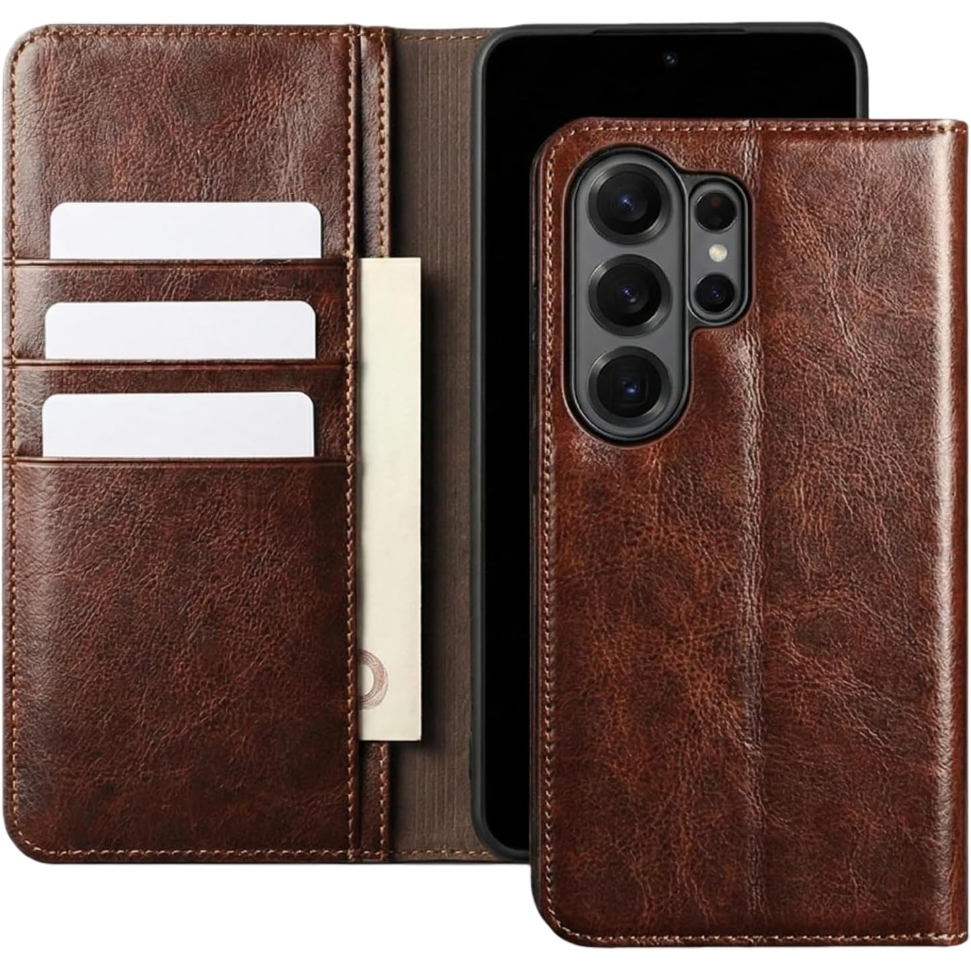 Leder-foliohülle im Business-Stil für Samsung Galaxy S26 Ultra, Brieftaschen-Klapphülle mit 3 Kartenfächern, Schlanker TPU-Handyhülle und Bequemem Griff für den Täglichen Transport, Braun