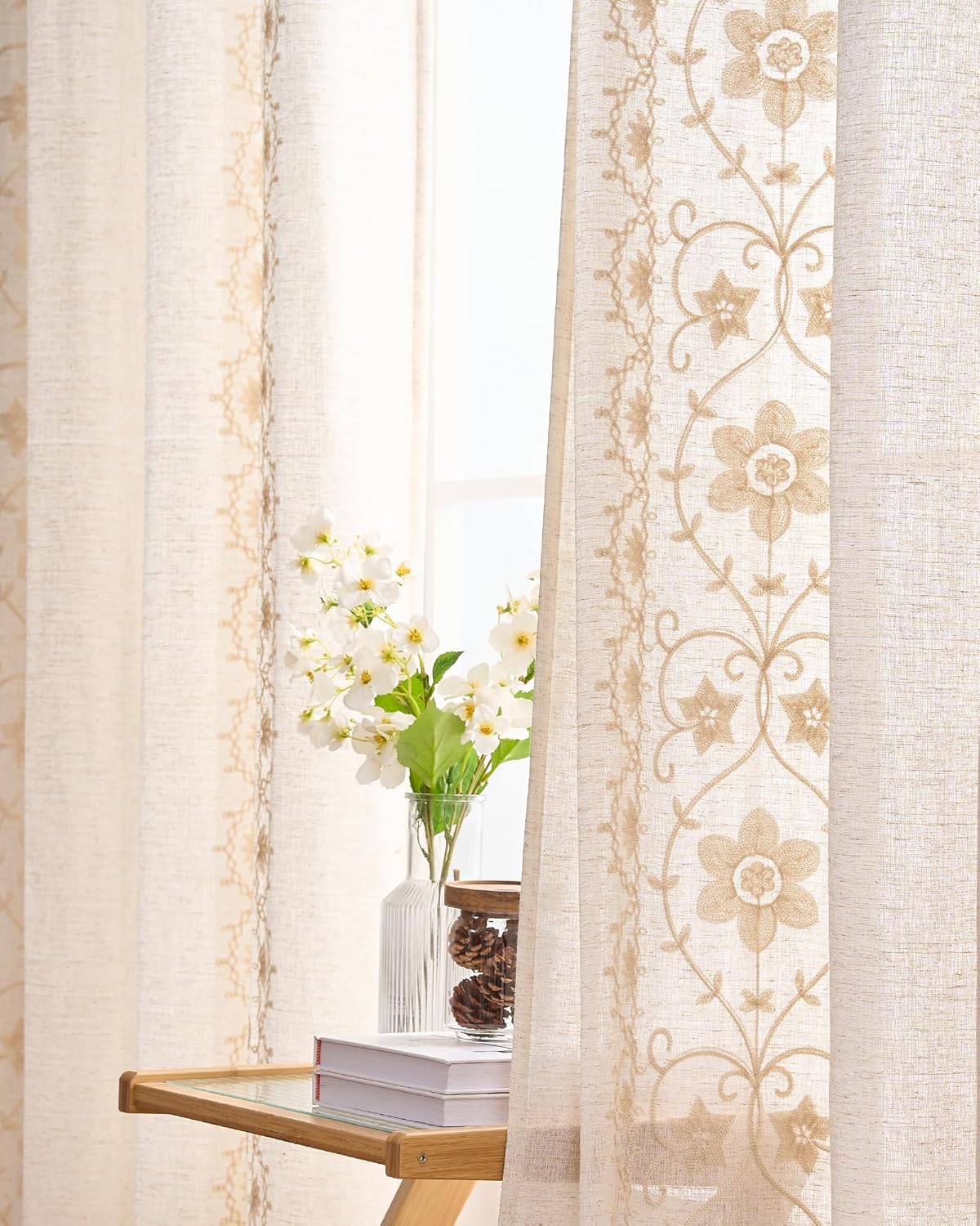 Beige Farmhouse Curtains for Living Room Ivory Boho Linen Curtains 84 Inches Long 2 Panels for Bedroom Vintage Floral Embroidered Drapes Cream Light Filtering Grommet Window Drapes Ivory on Beige