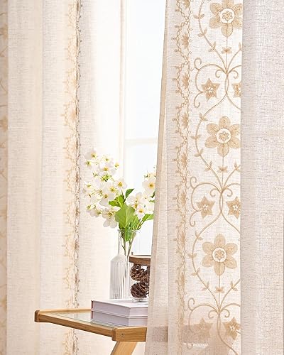 Cortinas de lino color beige bohemio marfil para sala de estar, 2 paneles de 84 pulgadas de largo, 2 paneles para dormitorio, cortinas bordadas