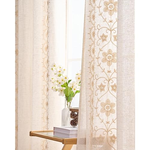 Beige Farmhouse Curtains for Living Room Ivory Boho Linen Curtains 84 Inches Long 2 Panels for Bedroom Vintage Floral Embroidered Drapes Cream Light Filtering Grommet Window Drapes Ivory on Beige
