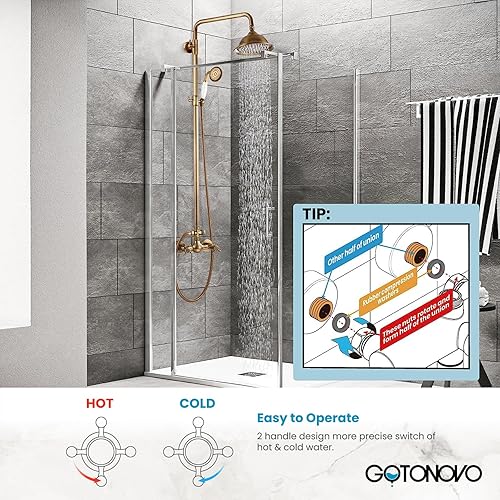 Miniatura 4 de gotonovo Sistema de ducha de latón antiguo, cabezal de ducha de lluvia de 8 pulgadas, rociador de mano, doble mango cruzado, grifo de ducha de baño