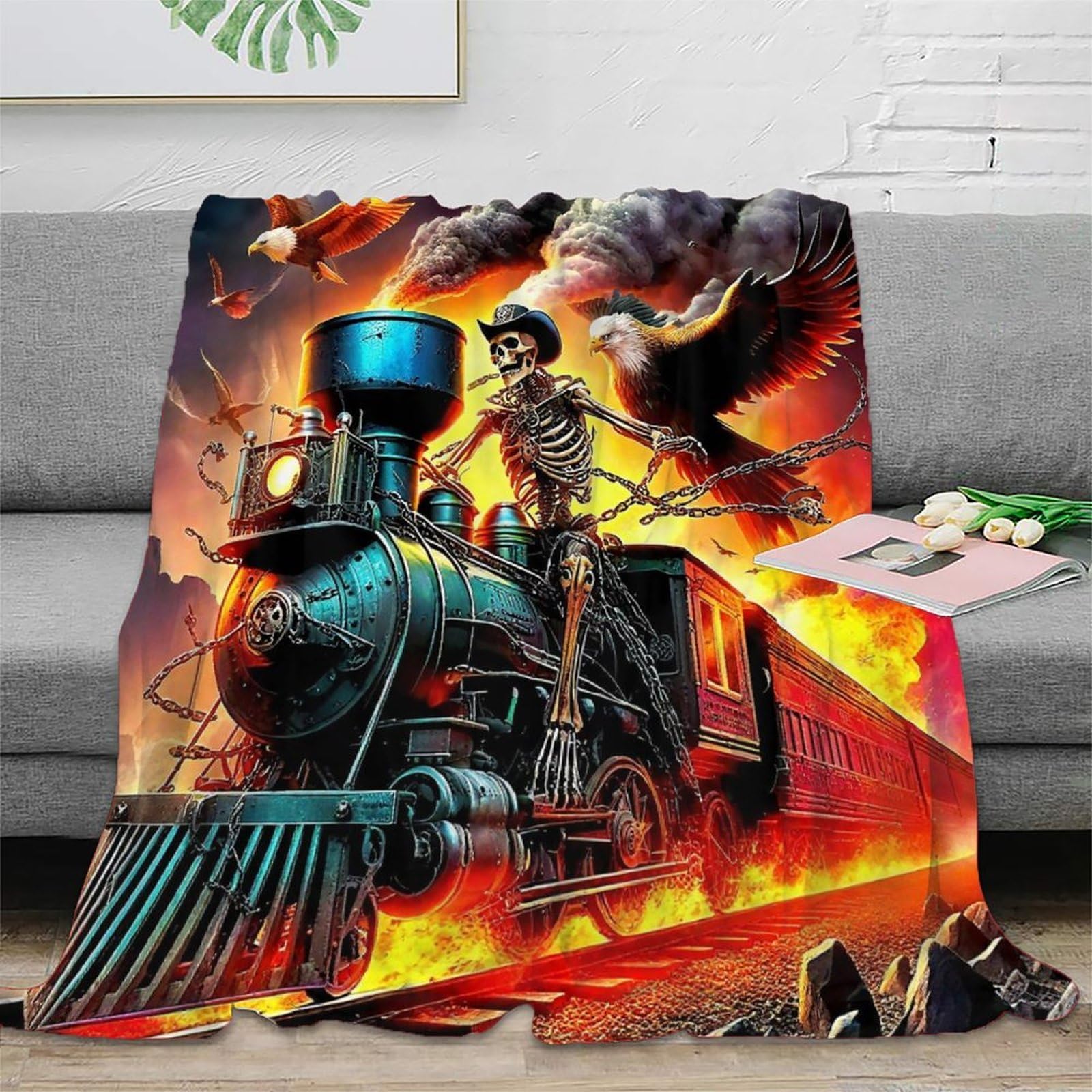 Couverture train à vapeur 3D plaid canapé microfibre chaude jeté de lit peluche 150x200cm