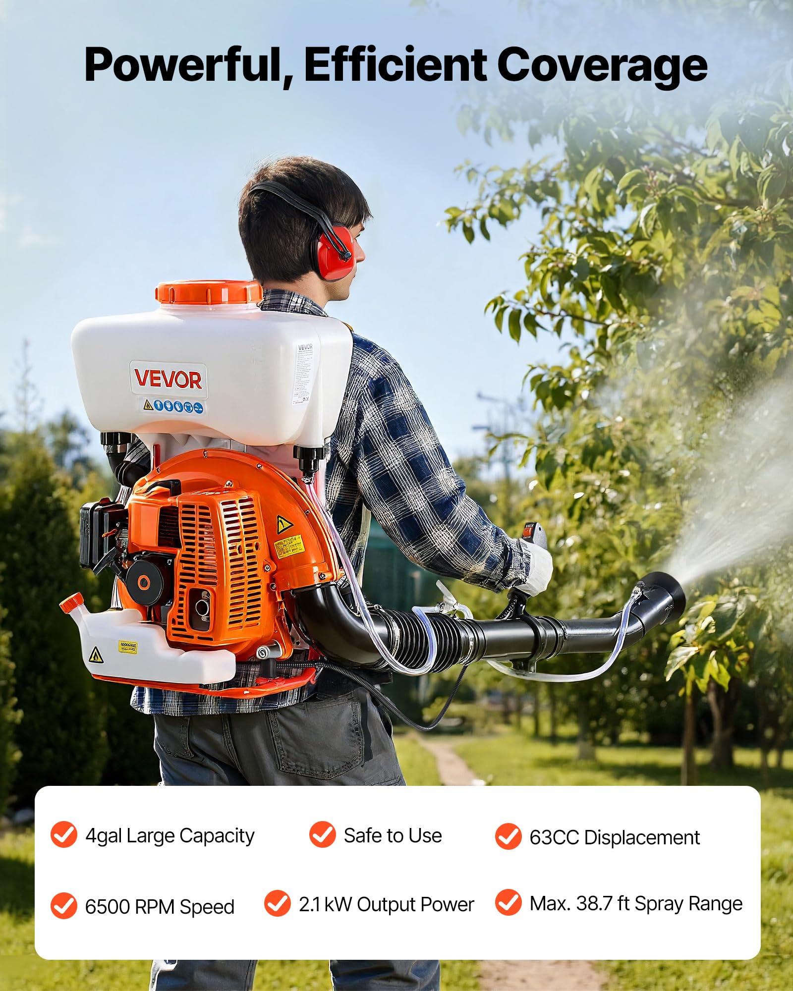 VEVOR Nebulizzatore a Zaino, Motore da 63 cc e 3 CV, Nebulizzatore a Gas con Serbatoio da 16 l, Sistema di Nebulizzazione a Polvere e Liquido per un Efficace Controllo di Giardinaggio e Agricoltura