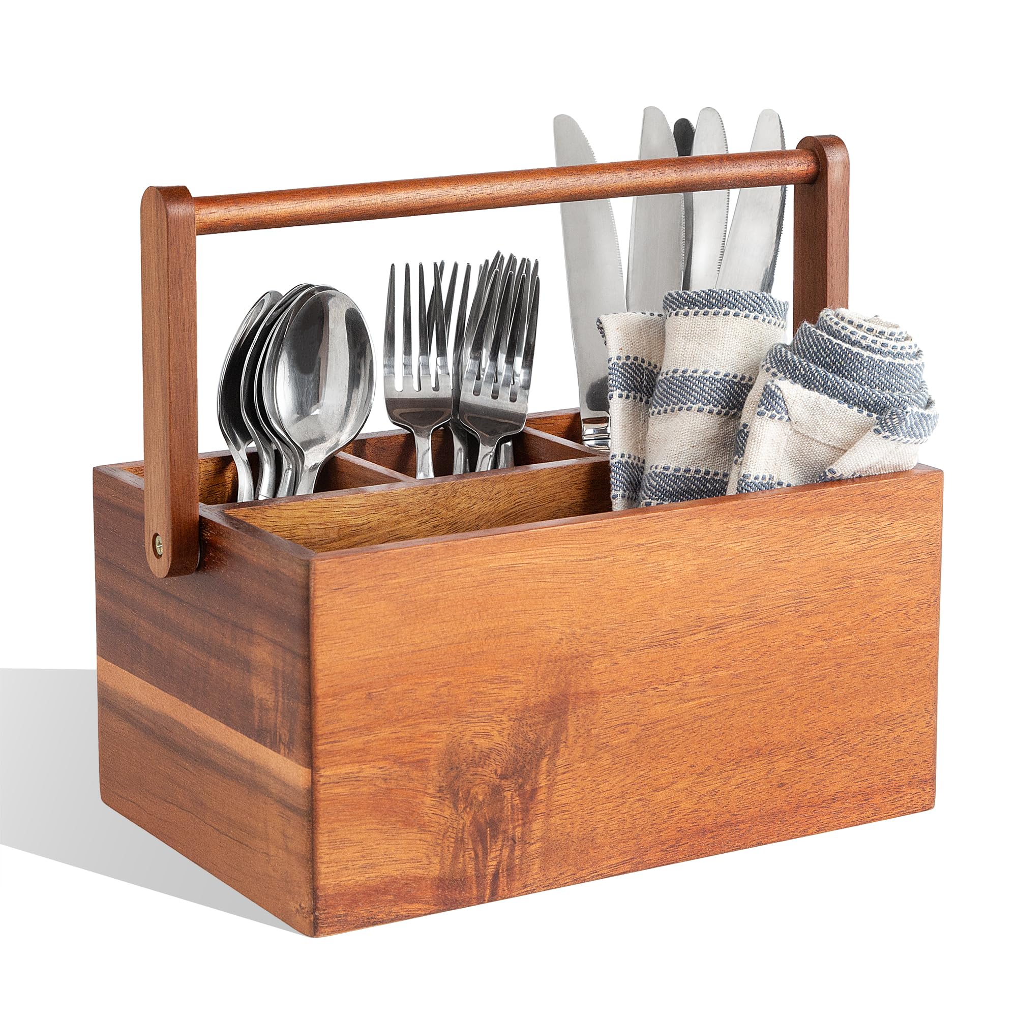 Amavle Acacia Wood Utensil Caddy with Handle, Wooden Silverware Holder, Multi-purpose Organizer for Kitchen, Office, Bathroom, Bedroom
