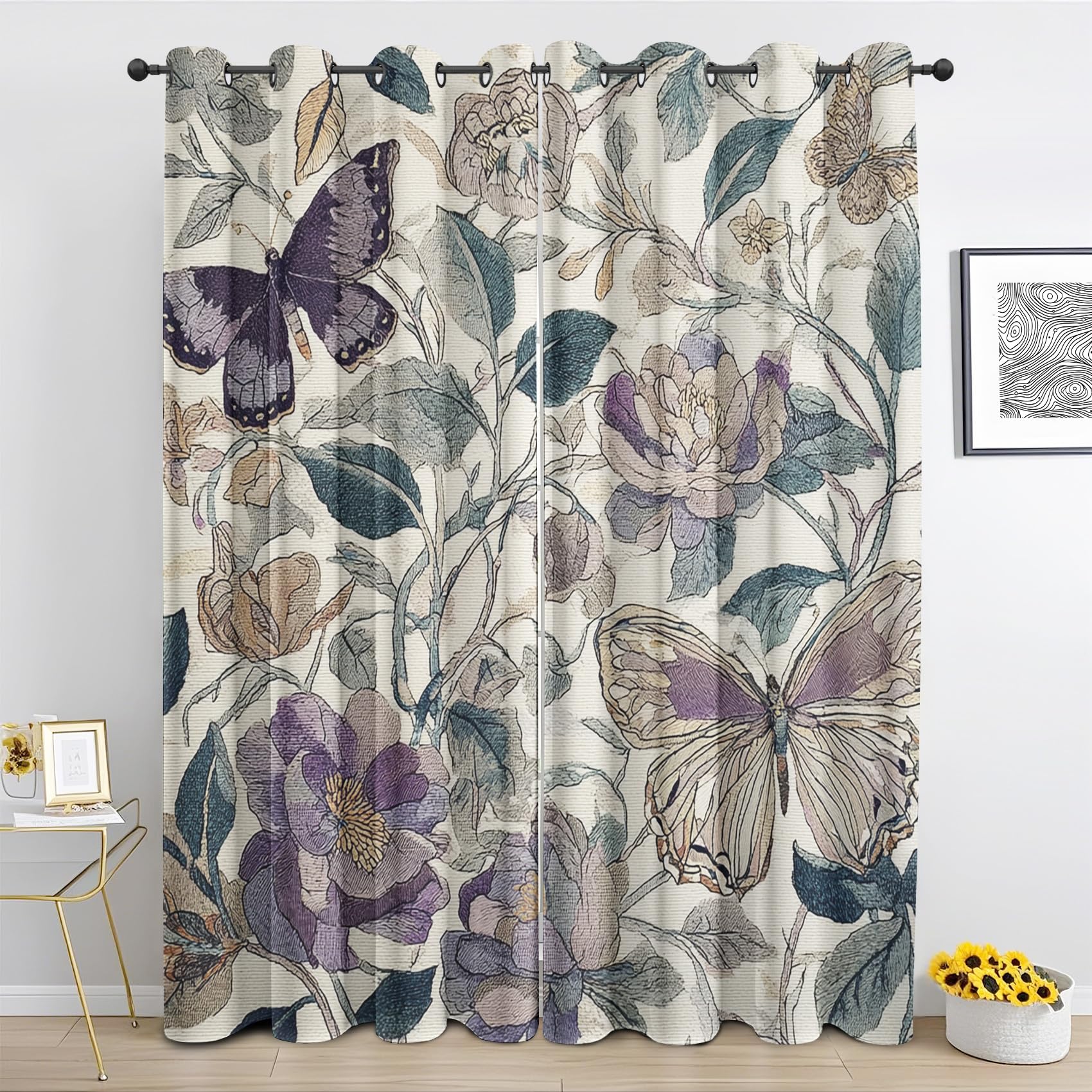 Butterfly Floral Curtain for Living Room, Purple Flowers Birds Blackout Curtains for Bedroom, Vintage Shabby Window Treatment Room Darkening Eyelet Drapes 46 x 90 Inch 2 Panels Rb403
