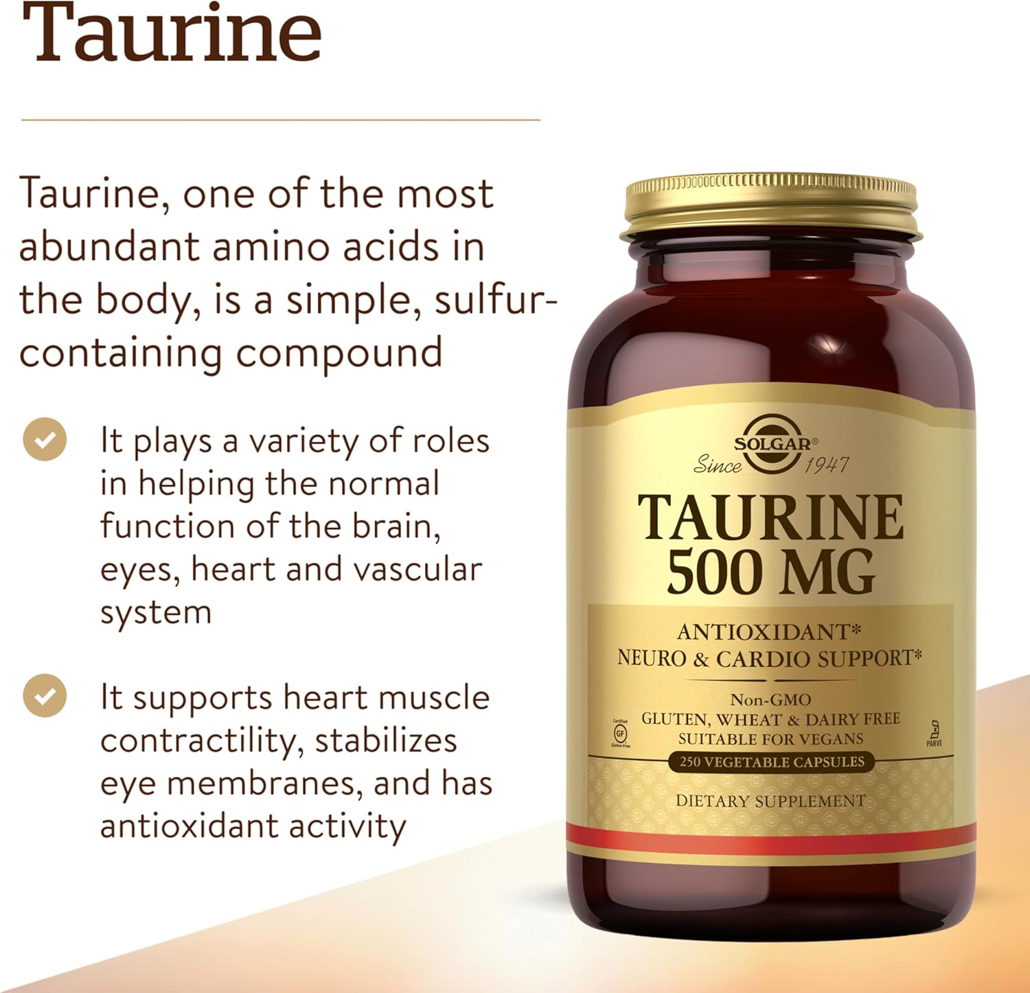 Solgar Taurine 500 mg, 250 Vegetable Capsules - Antioxidant - Brain Health - Amino Acid - Vegan, Gluten Free, Dairy Free, Kosher - 250 Servings