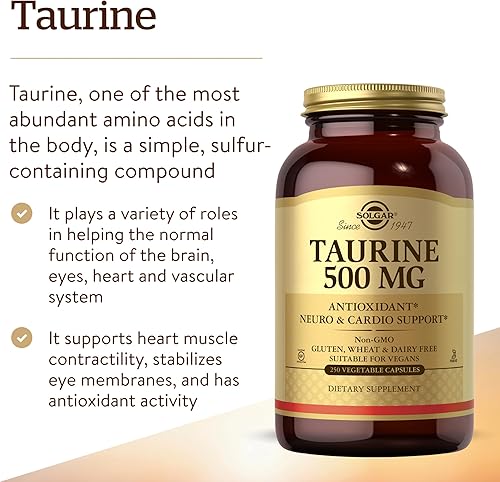 Miniatura 3 de Solgar Taurina 500 mg, 250 cápsulas vegetales - Antioxidante - Salud del cerebro y el corazón - Aminoácidos - Vegano, sin gluten, sin lácteos,