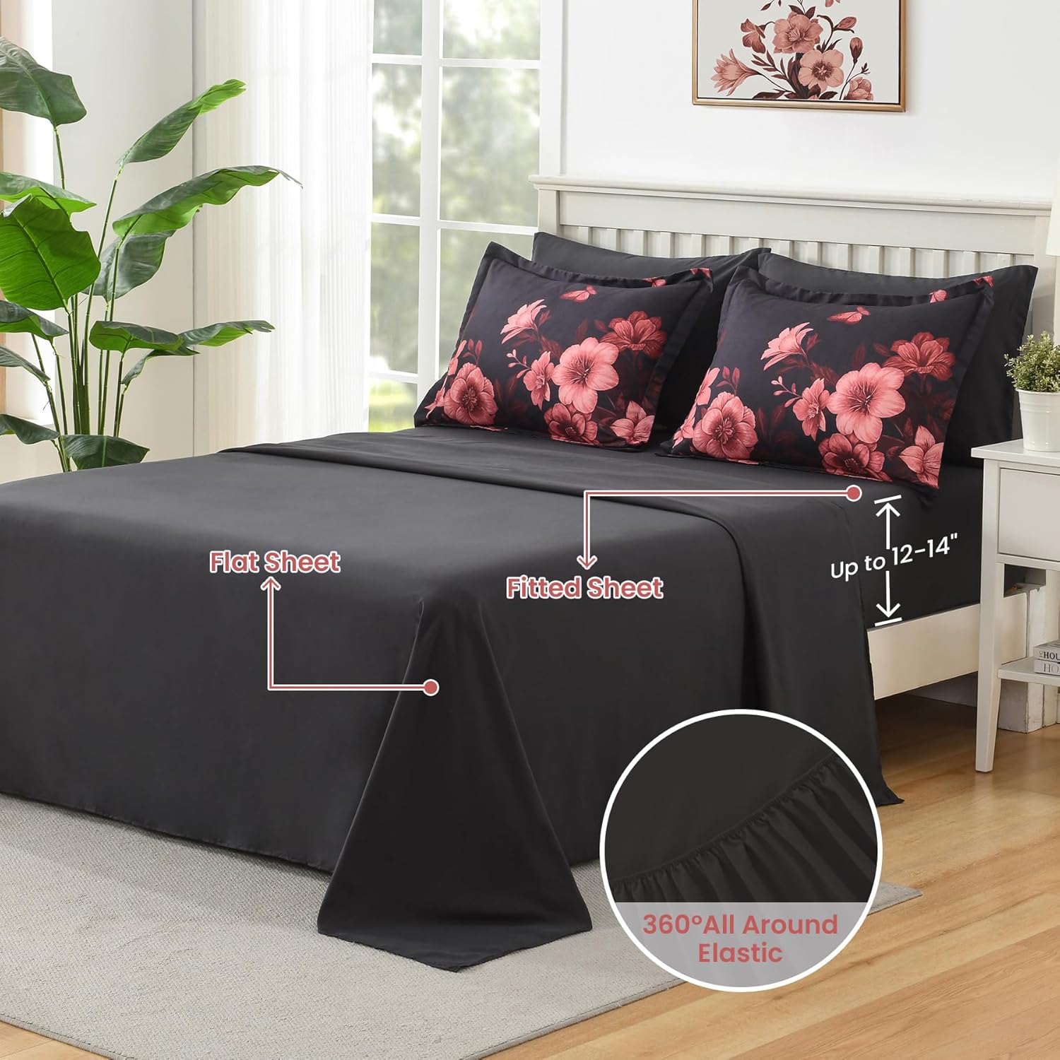 Floral Comforter Set Queen Size, 7 Piece Black Bed in a Bag, Elegant Flower Pattern Comforter Set with Sheet, Soft Microfiber Complete Bedding Sets for All Season - Image 4
