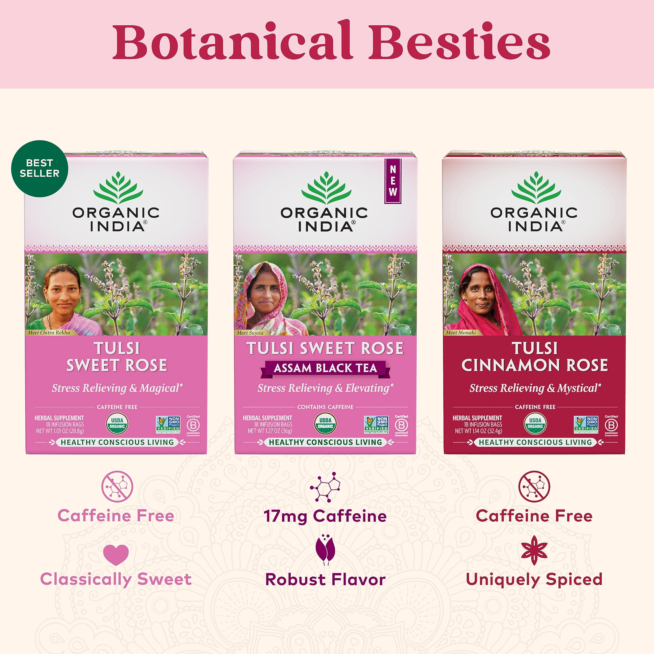 ORGANIC INDIA Tulsi Cinnamon Rose Tea Bags - Tulsi Rose Tea Bags, Cinnamon Tea Bags with Holy Basil, Chamomile, Stevia, USDA Certified Organic Caffeine Free Herbal Tea - 18 Infusion Bags, 6 Pack