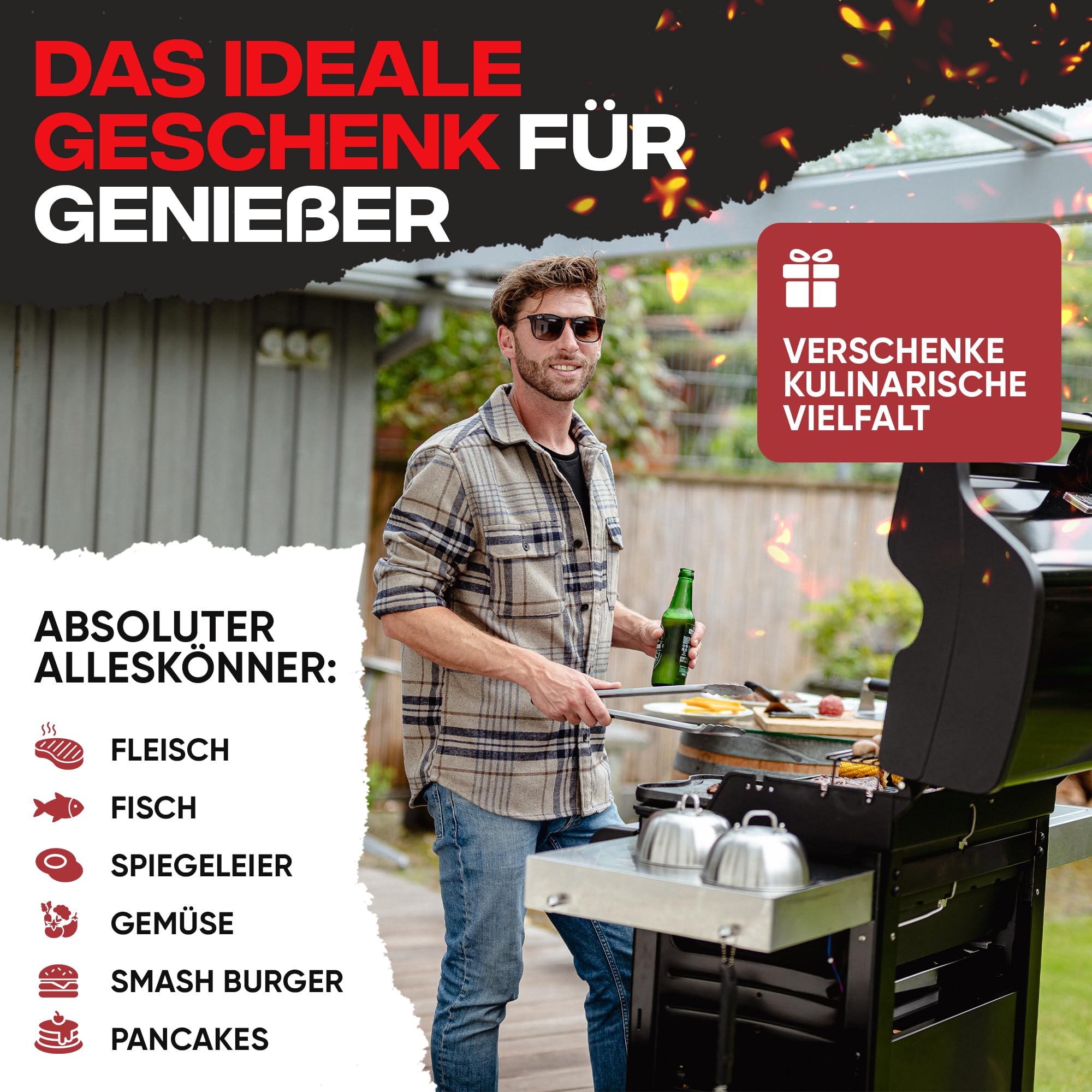 Smash Burger Set 6 TLG. aus Edelstahl für Plancha, 2 Burgerglocken, Burgerpresse, Smasher, Pattywender, Grillzange, Burger Smasher Set, das ideale Geschenkset (Exklusive)