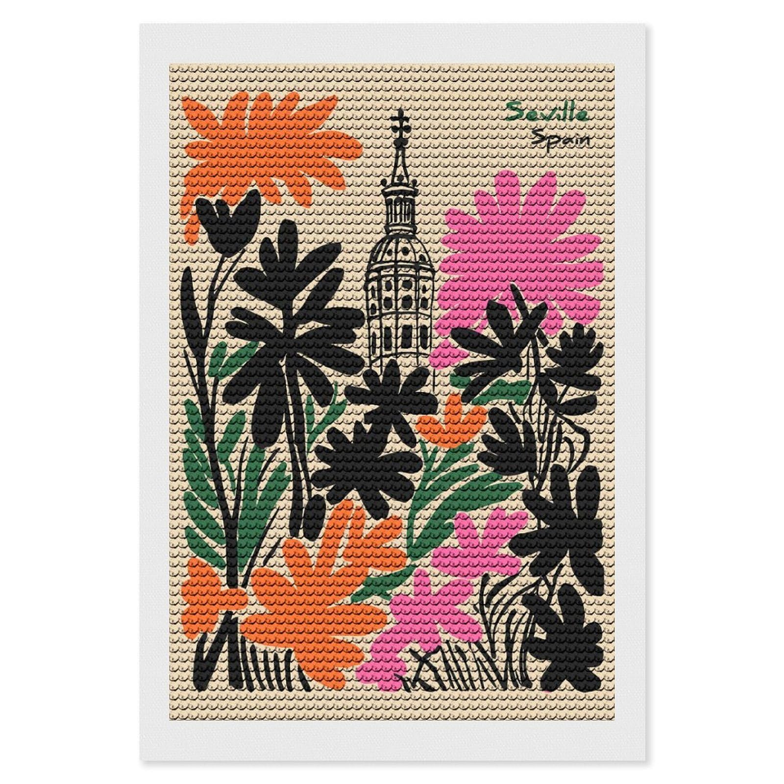 Junmoney Seville Spain Floral Illustration Diamond Painting Kit 8"x12", Festive Craft Gift, Bedroom Decor, Full Kit Included, Creative Gift Idea