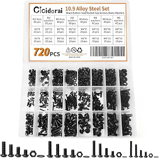 Cicidorai 720Pcs M3 M4 M5 M6 10.9 Grade Alloy Steel,Button Head Hex Socket Cap Screws Bolts,Flat Washers & Nuts Assortment Kit