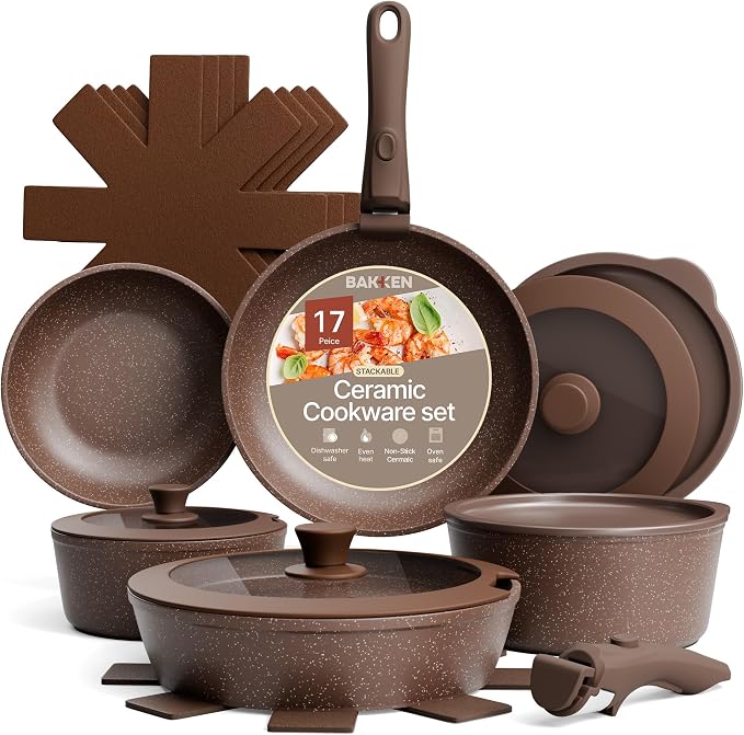 Bakken 17-Piece Ceramic Coated Aluminum Cookware Set, Nonstick Pots and Pans with Lids, Silicone Cooking Utensils & Oven Mitts, All Stovetop Safe Up To 500°F, PTFE & PFAS Free, Dishwasher Safe