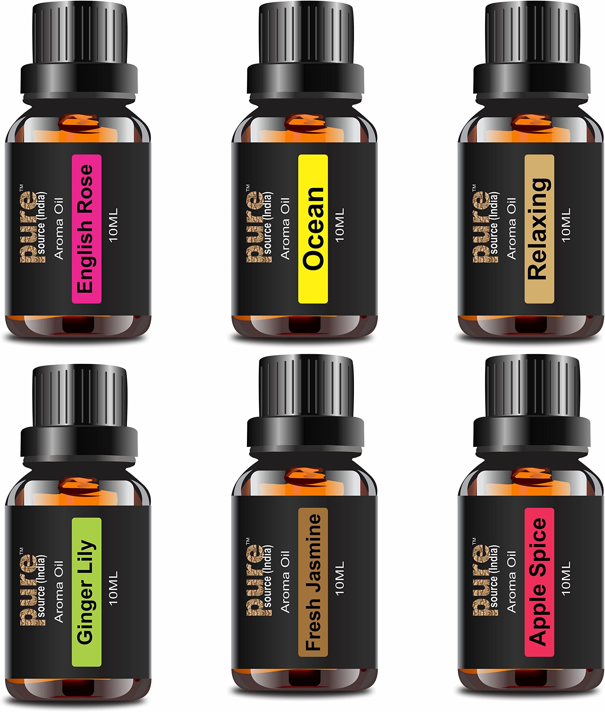Pure Source India Aroma Diffuser Oil (Relaxing, English Rose, Fresh Jasmine, Apple Spice, Ocean and Ginger Lily), 10ml Each, Multicolor - Pack of 6