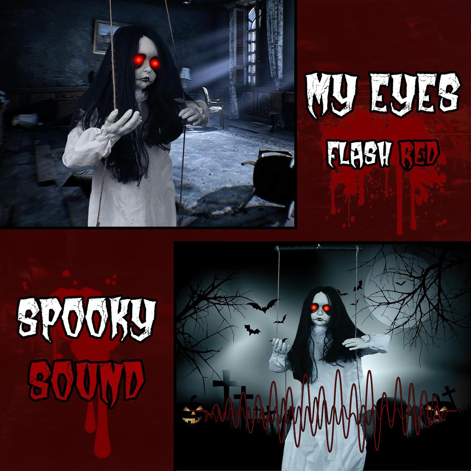 3.9 Ft Halloween Decorations Animatronics Hanging Swinging Girl with Creepy Sound/Light Up Eyes/Scary Expression, Creepy Doll Hanging Ghosts Haunted House Holiday Decor Prop for Indoor Outdoor