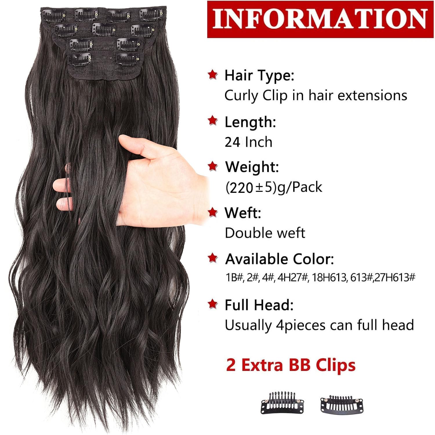 Xtrend 4PCS 24 Inch Long Wavy Hair Extensions - 11 Clips in Synthetic Hair Pieces for Women - Thick Curly 2# Color - Image 2