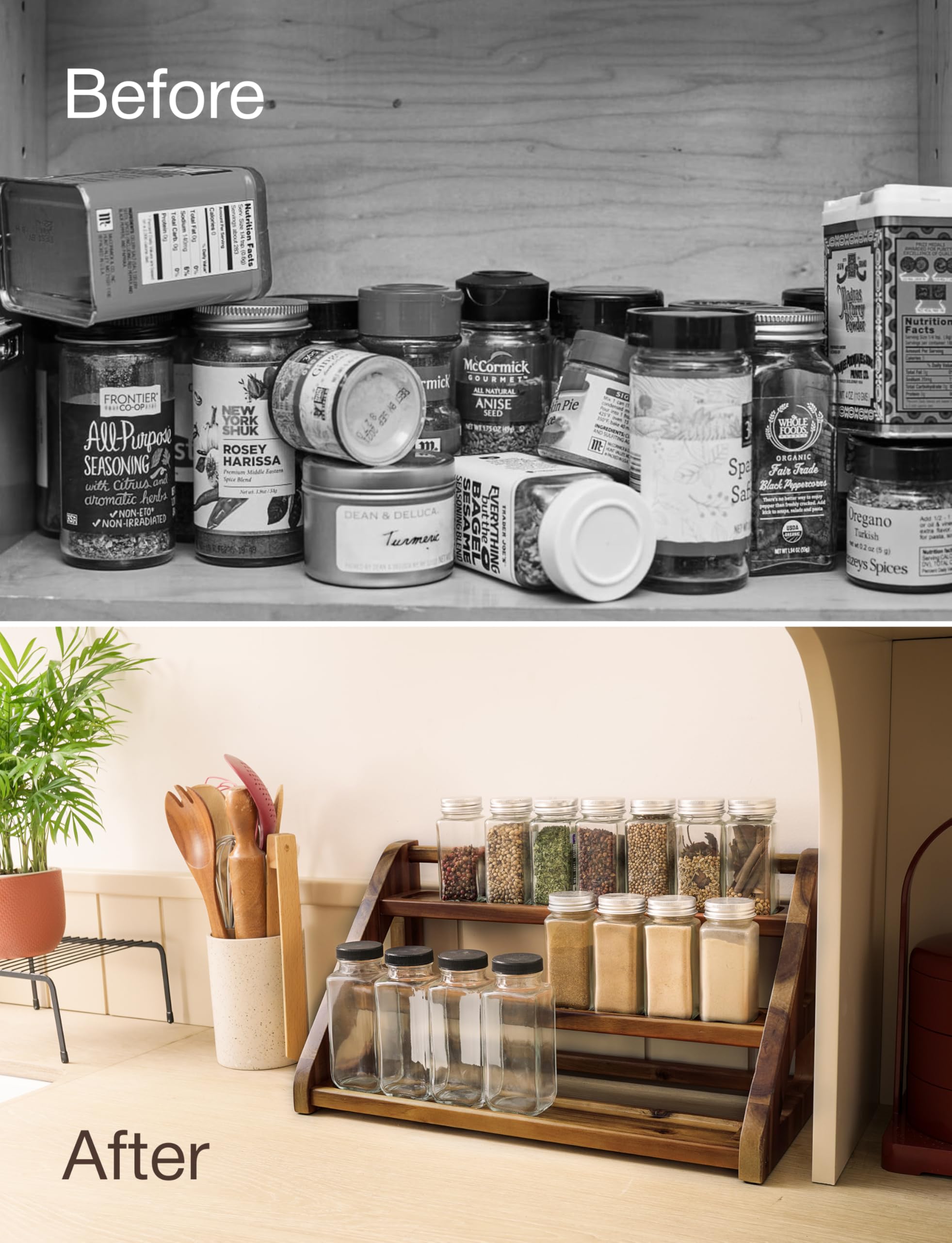 Especiero de madera de acacia de 3 niveles para encimera o armario, organizador de especias de cocina y organizador de especias (nogal) (A)