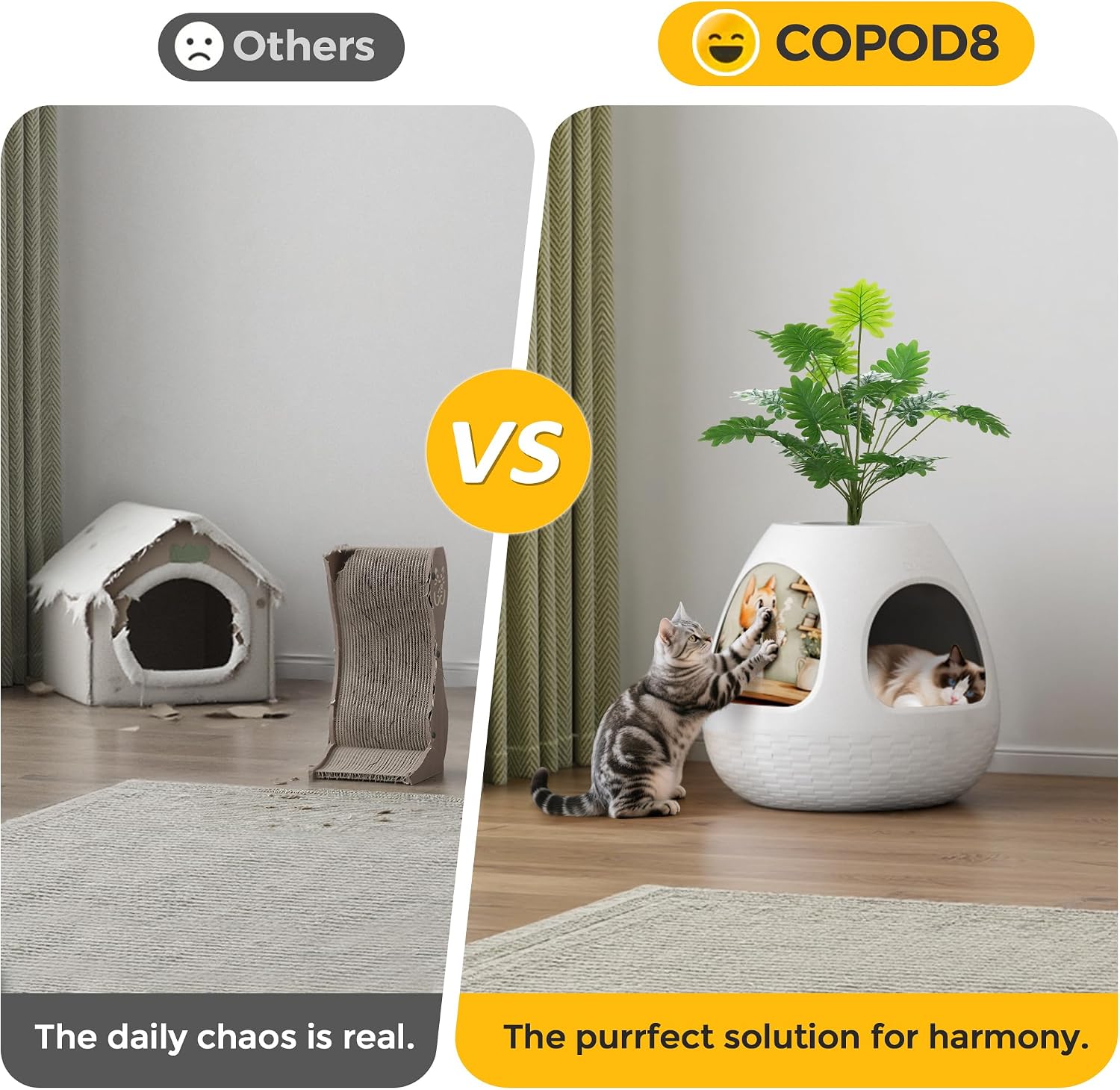 Copod8 Cat Cave, 3-in-1 Kitty House Condo with Plant, Cat Cushioned Bed, Cat Scratchers, Modern Cat Pet Furniture for Indoor, Kitty Hiding Spot (White, M)