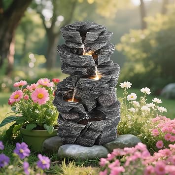 Cascading Rock Water Fountain, Outdoor Water Fountains with LED Lights, 5-Tier Waterfall Fountain for Garden, Patio, Backyard, Porch Decor, Resin Fountains for Outdoor Decoration Grey