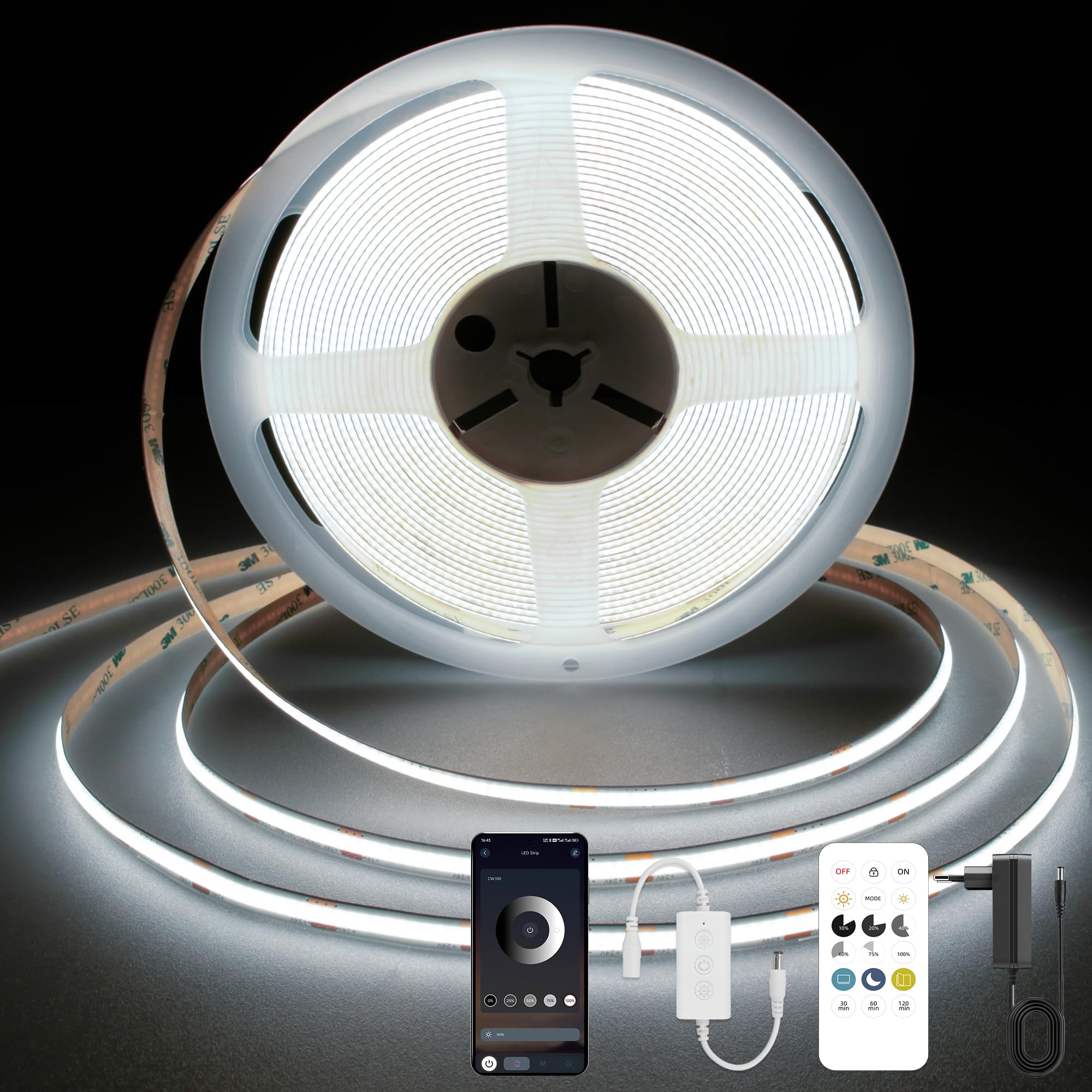 TTWAY COB LED Streifen 5M, LED Streifen Kaltweiß 6000K, 24V Dimmbar LED Streifen Licht, CRI92, 8mm Breite, mit Fernbedienung und Netzteil, für Home Dekoration, Küche, Spiegel.