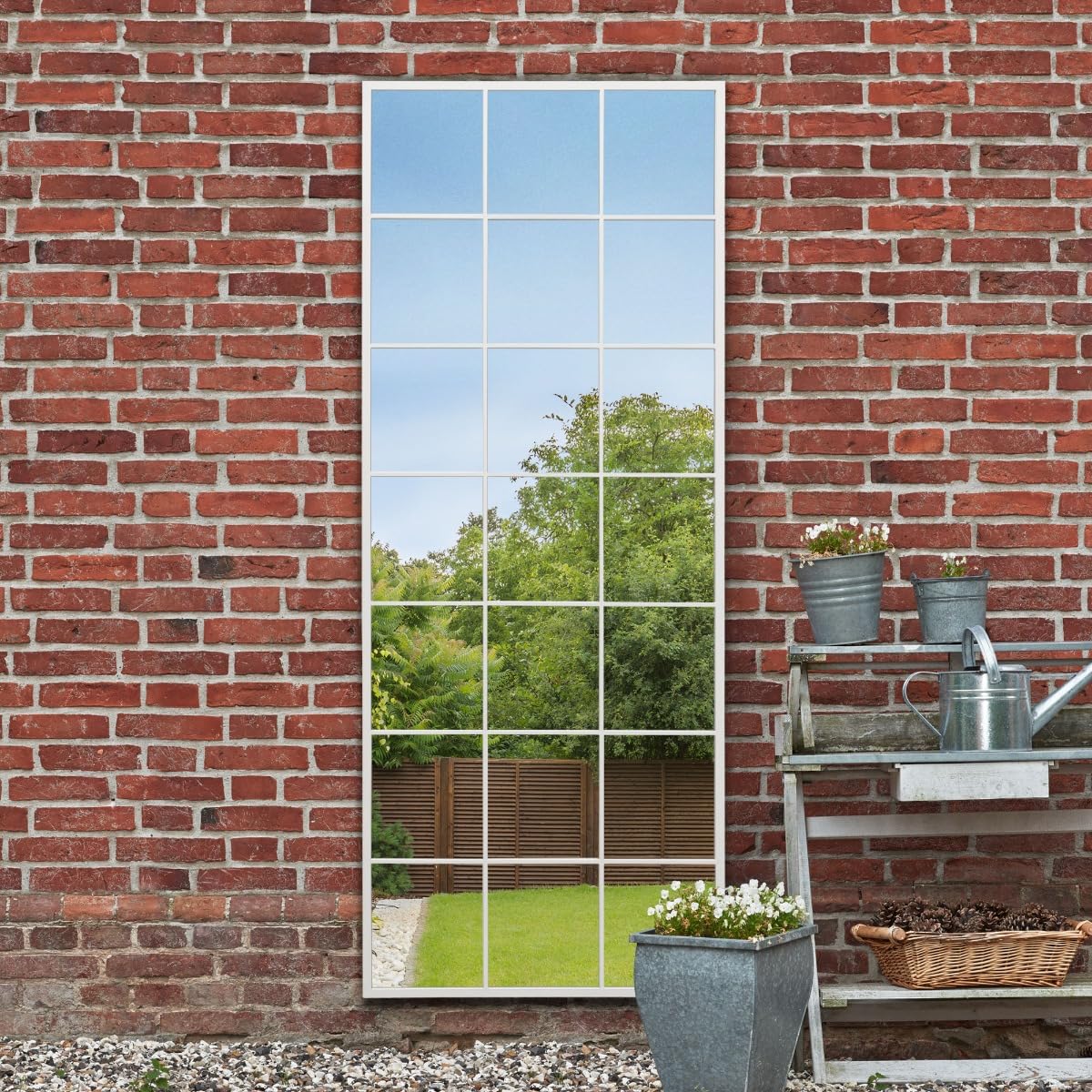 Mirroroutlet White The Genestra - Modern Window Full Length Garden Wall Mirror 79" X 31" (200Cm X 80Cm) Silver Mirror Glass With Black Metal Frame.