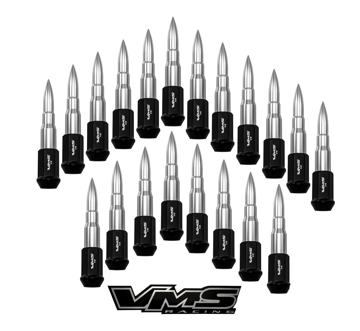 VMS RACING 1/2-20 20PC 112mm Cold Forged Steel Lug Nuts with Chrome Extended Bullets in CNC Aluminum Compatible with Ford Mustang 67-73 94-14 1967-1973 1994-2014 with 5 Lug Wheel Pattern