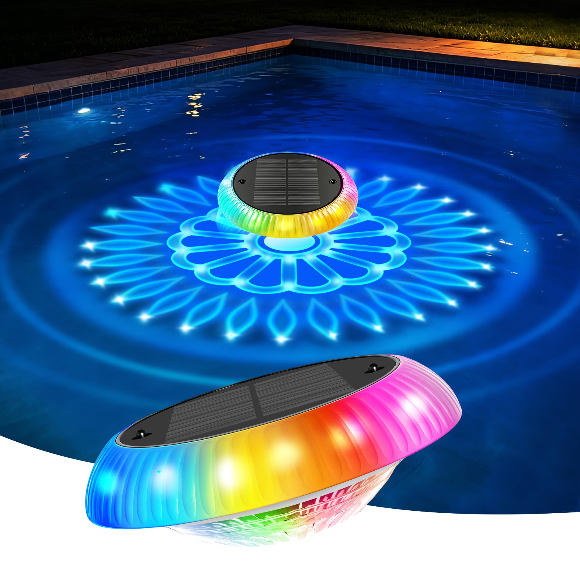 Schwimmende Poolbeleuchtung Solar mit Fernbedienung – 16,3 cm, 2-in-1 Doppellicht (57 Modi), Timer, IP67 wasserdicht – für Pool, Whirlpool, Gartenteich, Aufblaspool (1 Stück)