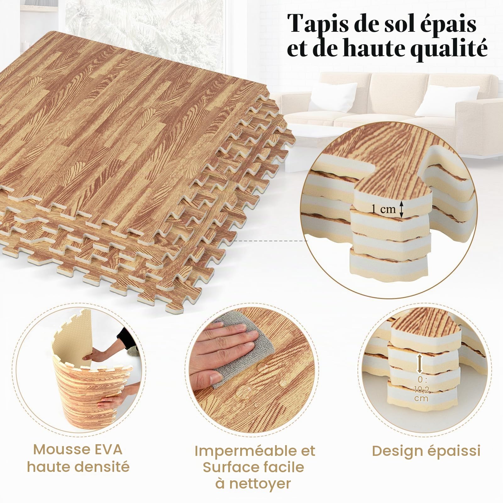 LIFEZEAL 12 Tapis de Gym en Caoutchouc EVA Effet Bois Antidérapant | Matelas Puzzle Fitness Résistant avec Absorption des Chocs, Nettoyage Facile, Protection du Sol pour Salle de Gym à Domicile