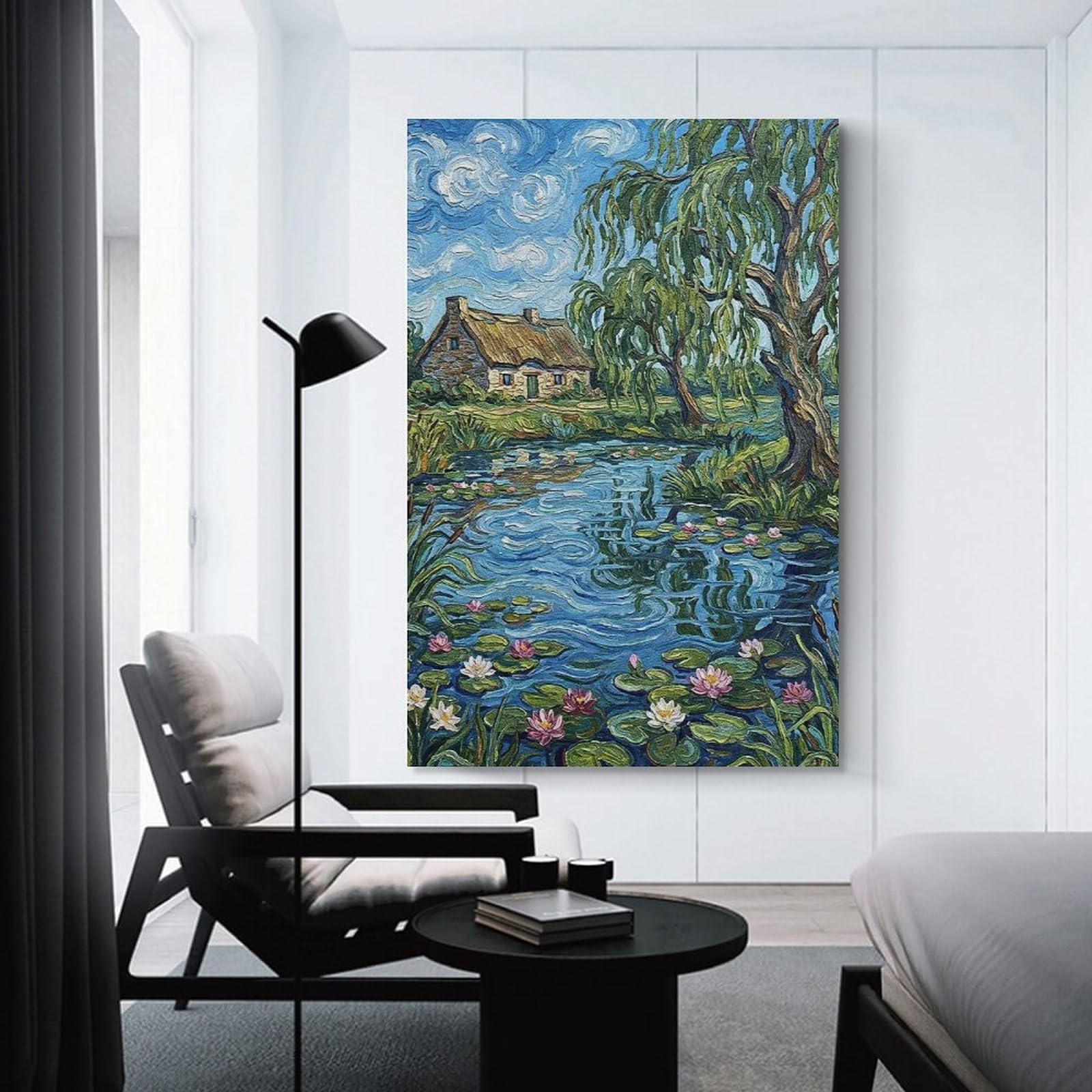Junmoney Wall Art Print Impressionistic Cottage by Pond with Lilies, 24x36inch(60x90cm), for Hallway, Bedroom Or Modern Interiors, Thoughtful Wall Decor for Art Lovers