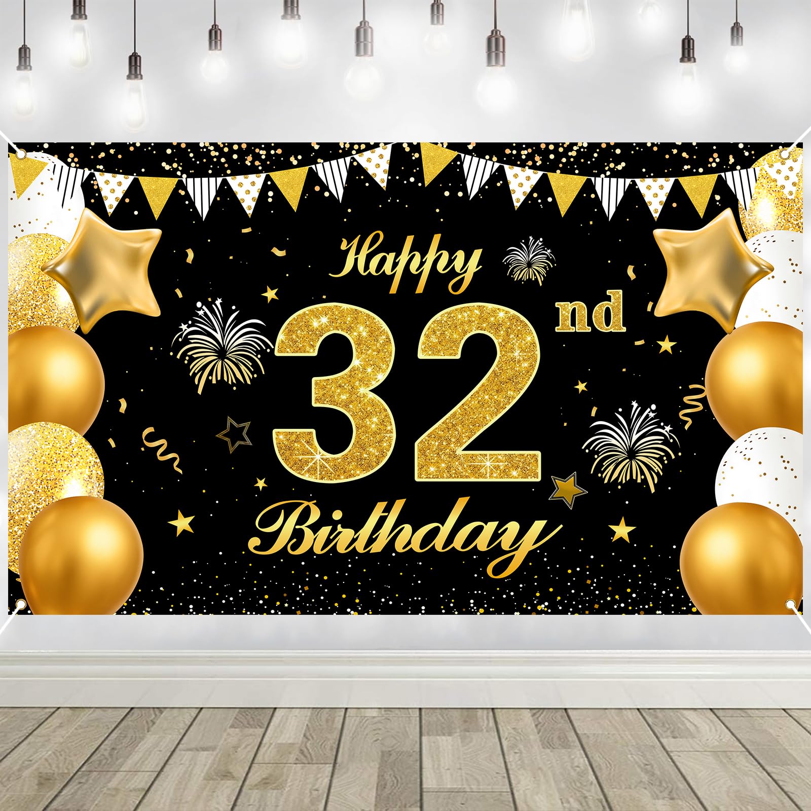 32nd Birthday Decorations Banner Gold Black Happy Birthday Door Banner for Party Photo Backdrop for Men Women Home Outdoor Cover Party Decoration Supplies Poster