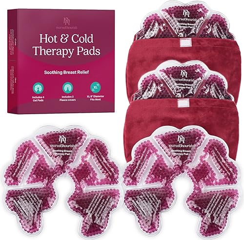 Juego de 6 piezas Almohadillas de lactancia frías y calientes XL de 8 pulgadas - 4 almohadillas de gel para el pecho y 2 mangas de forro polar -