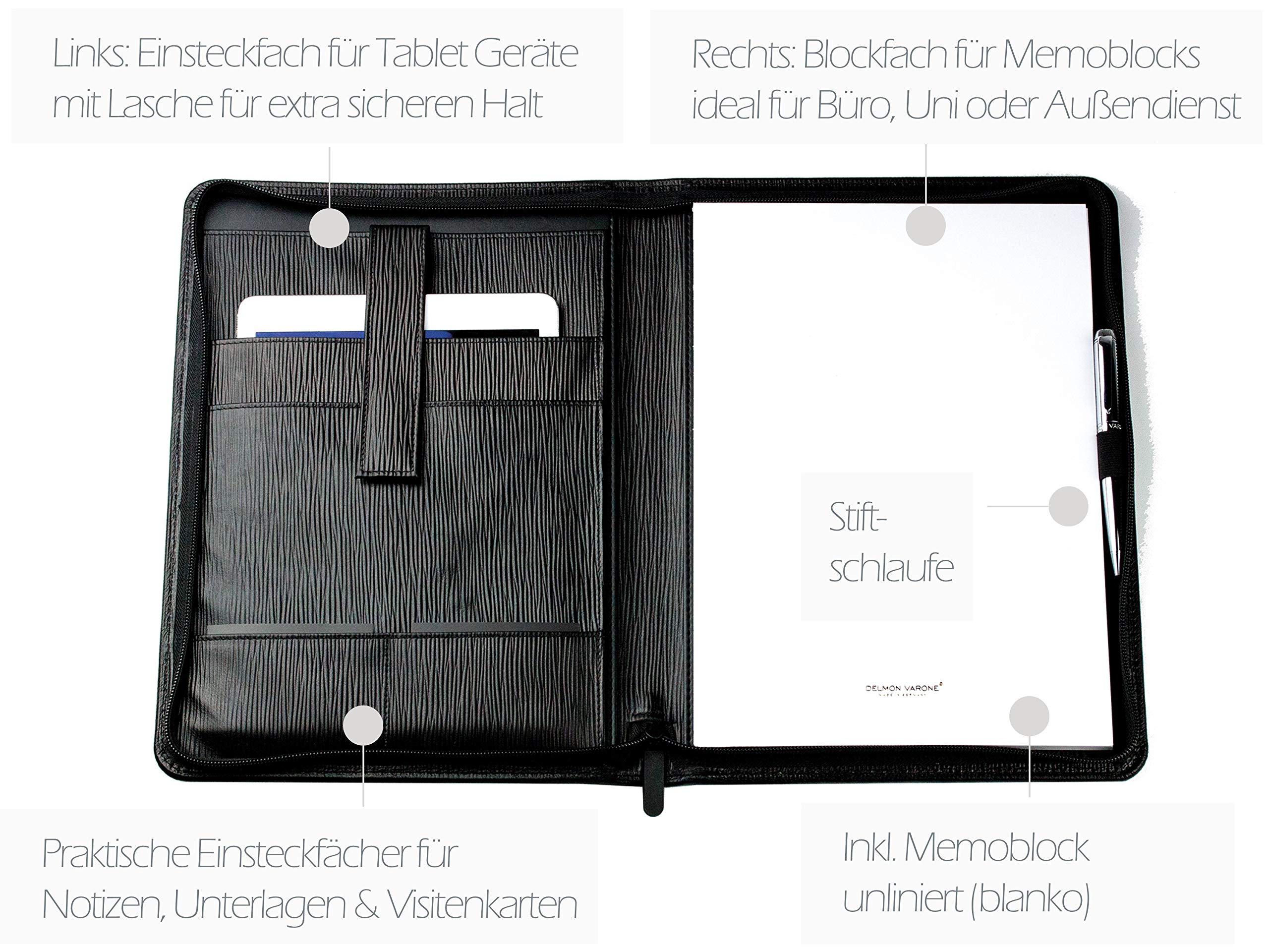 DELMON VARONE - Personalisierbare Tablet Schreibmappe DIN A4 aus Premium Manhattan Leder schwarz, Organizer Konferenzmappe mit Notizblock und Stiftschlaufe, Dokumentenmappe mit Reißverschluss