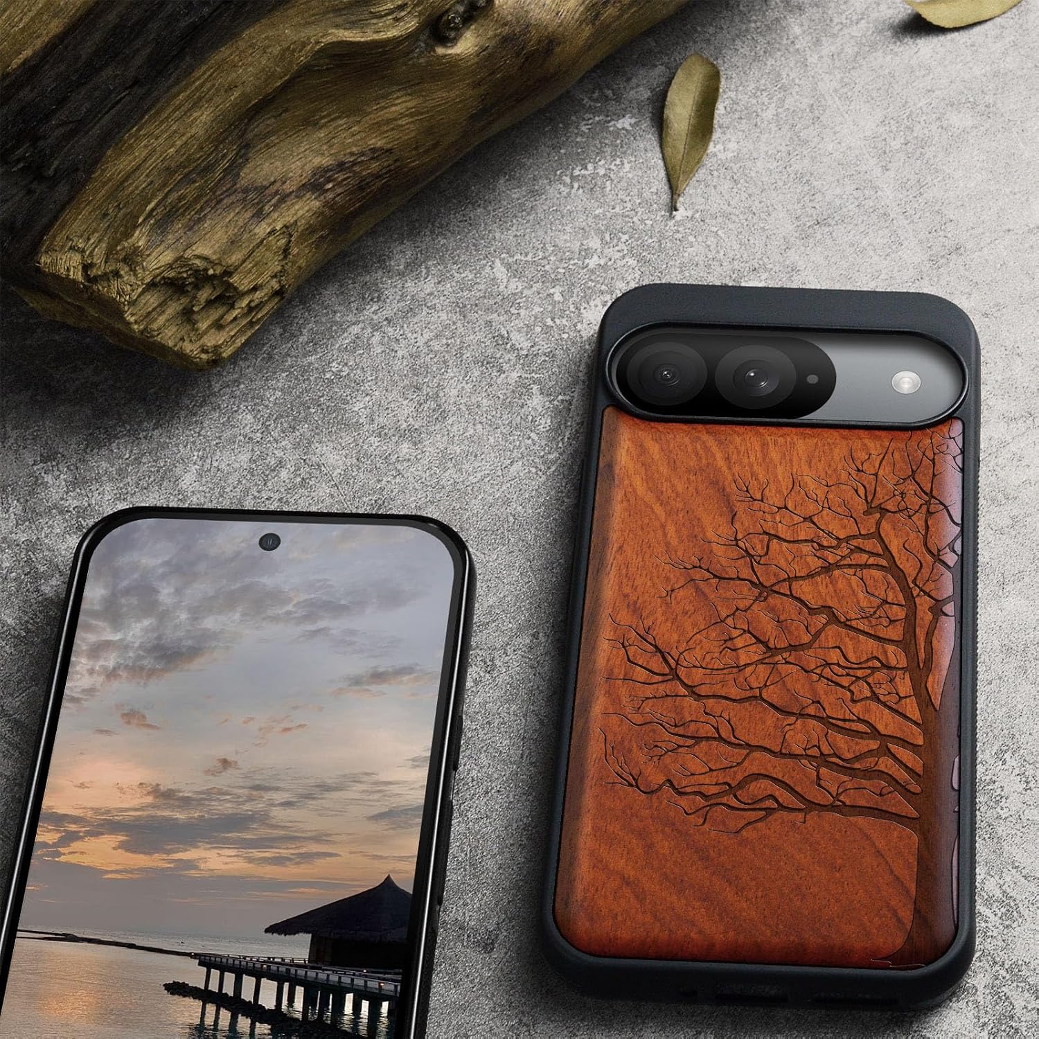 Carveit Wood Case for Pixel 9 Case [Natural Wood & Black Soft TPU] Shockproof Protective Unique Wooden Cover Compatible with Google Pixel 9 (Eternal Tree-Rosy)